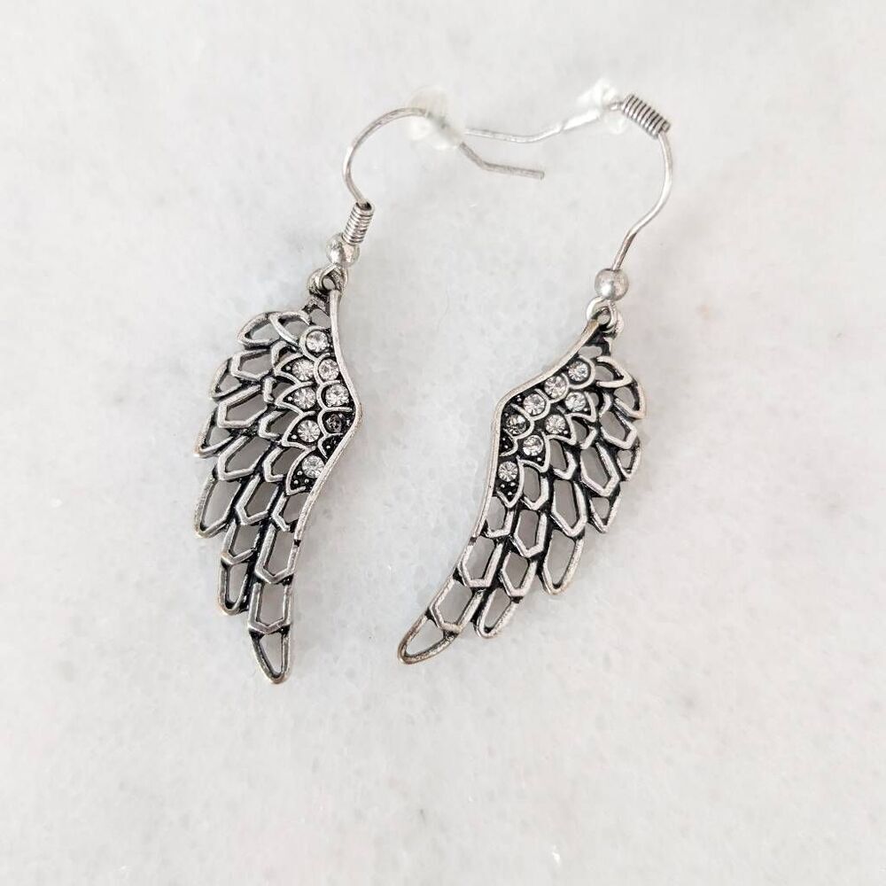 Angel Wings Silver Toned Rhinestone Earrings
